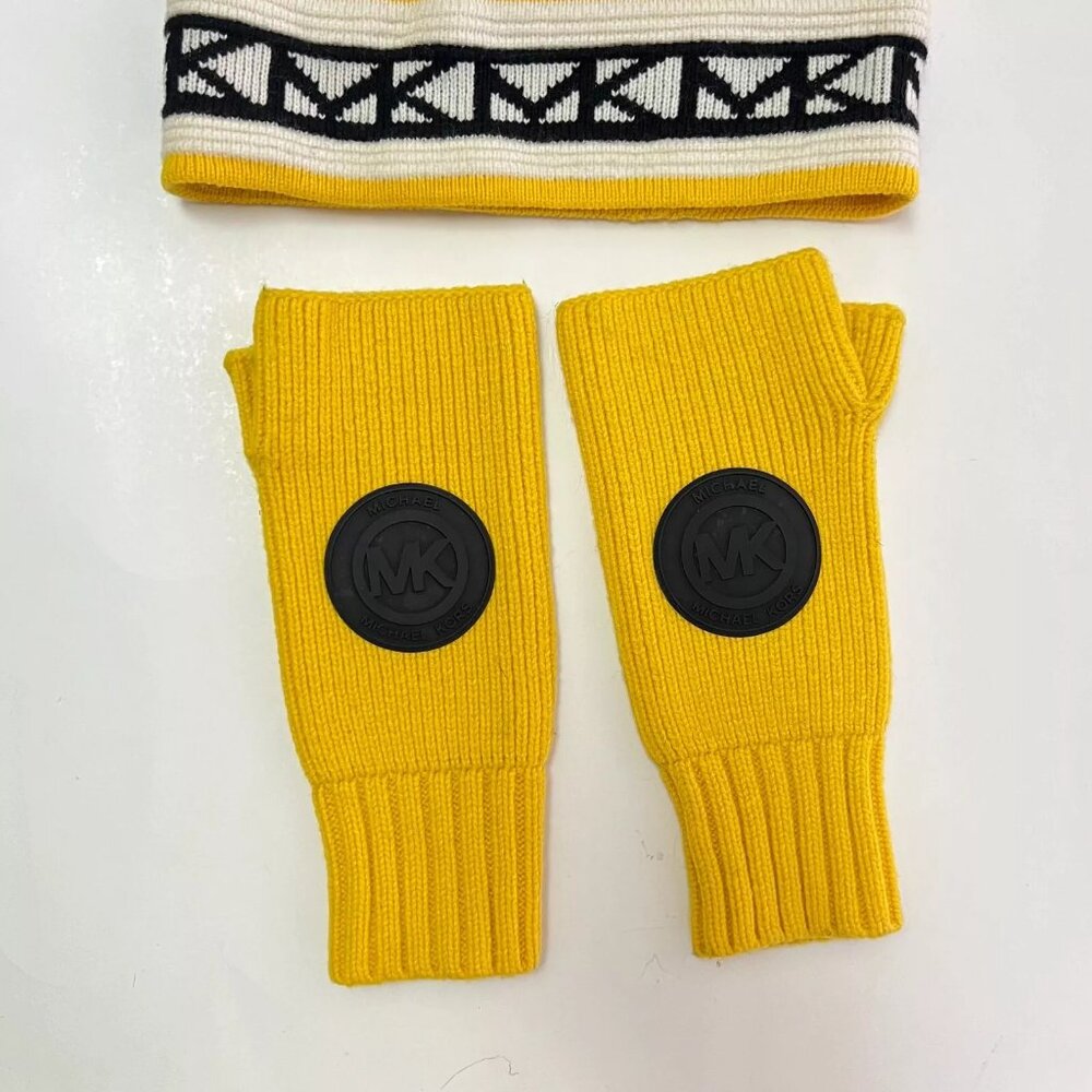 MK Womens Yellow Patch Ribbed Head Band And Fingerless Warmer Gloves One Sz Set